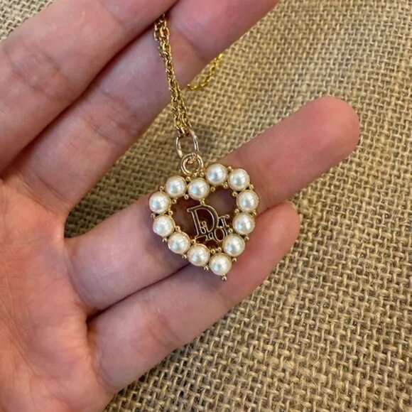 Handmade Vintage Dior Heart Pearl Charm Upcycled Repurposed Pedant necklace - Picture 4 of 4